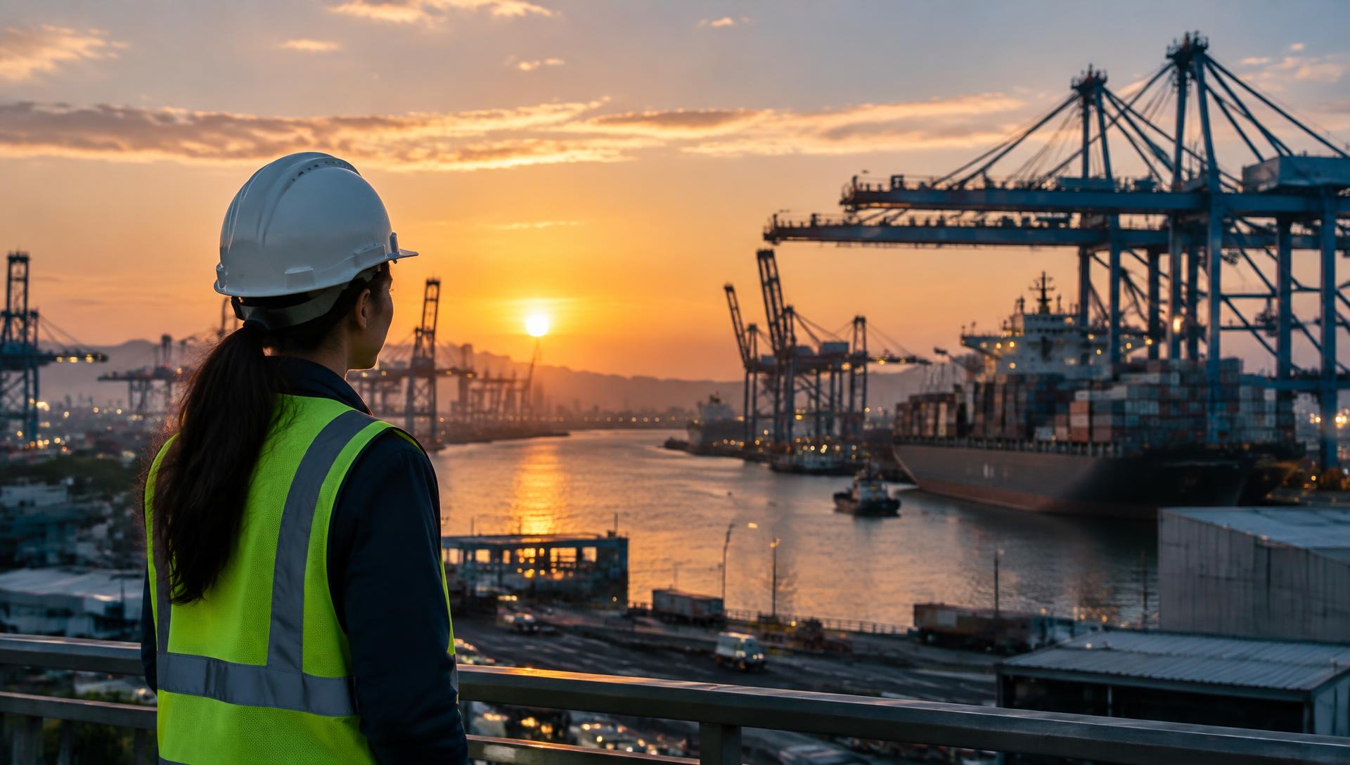 Profissional portuária observando o porto ao amanhecer